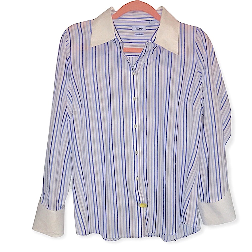 COPY - Women’s Izod Blue, Gray, White Stripe No Iron Button Down Rolled Cuff Si…